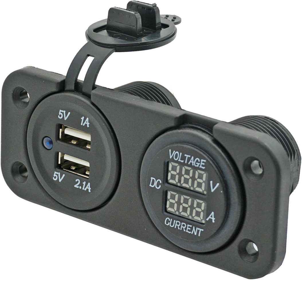 USB uttak + volt- og amperemeter
